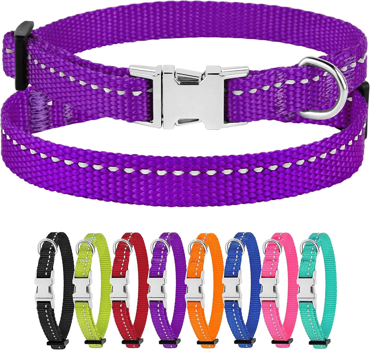 Reflective Dog Collar for a Small, Medium, Large Dog or Puppy with a Quick Release Buckle - Boy and Girl - Nylon Suitable for Swimming (18-26 Inch, Purple)